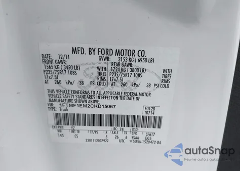 2012 Ford F-150 Xl из США, поврежденный, VIN 1FTMF1EM2CKD15067